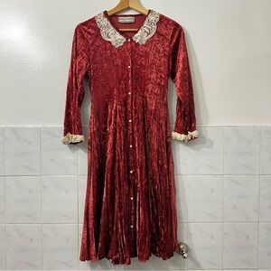 Vintage XS Red Crushed Velvet Midi Dress Victorian Whimsigoth Fairy Grunge 70s